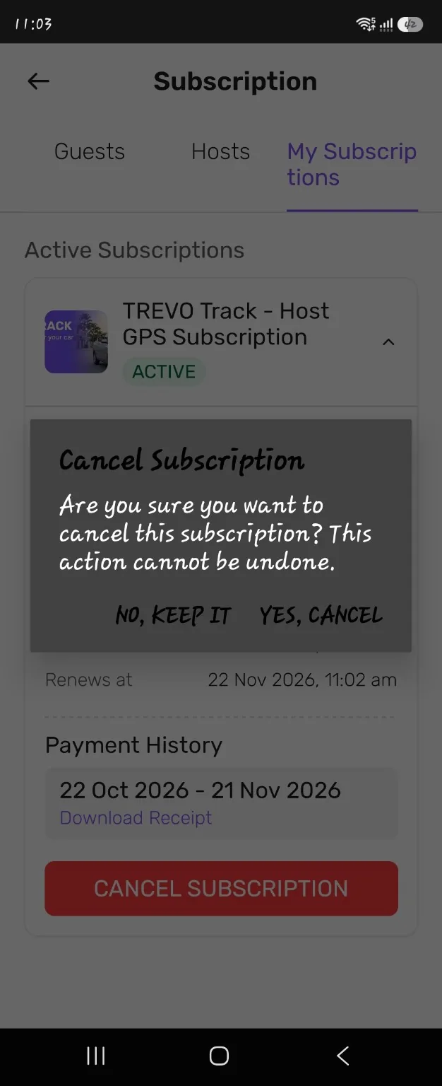 TREVO App cancel subscription confirmation with NO, KEEP IT and YES, CANCEL options.